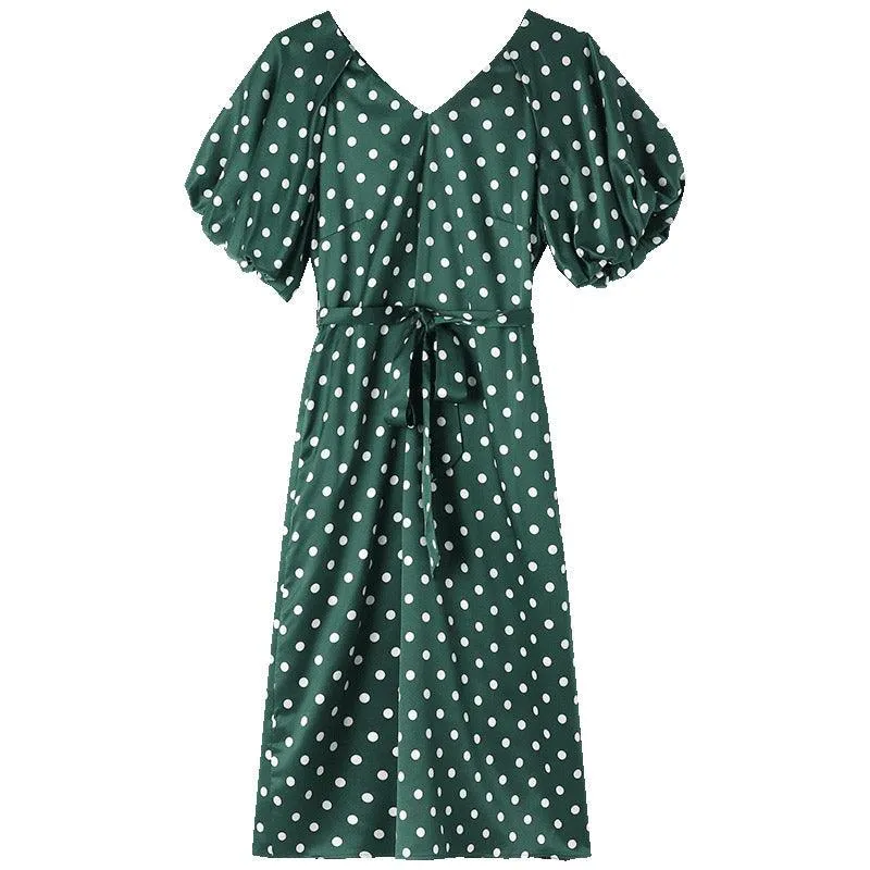 19 Momme Pure Silk Polka Dots Mid-Calf Dress