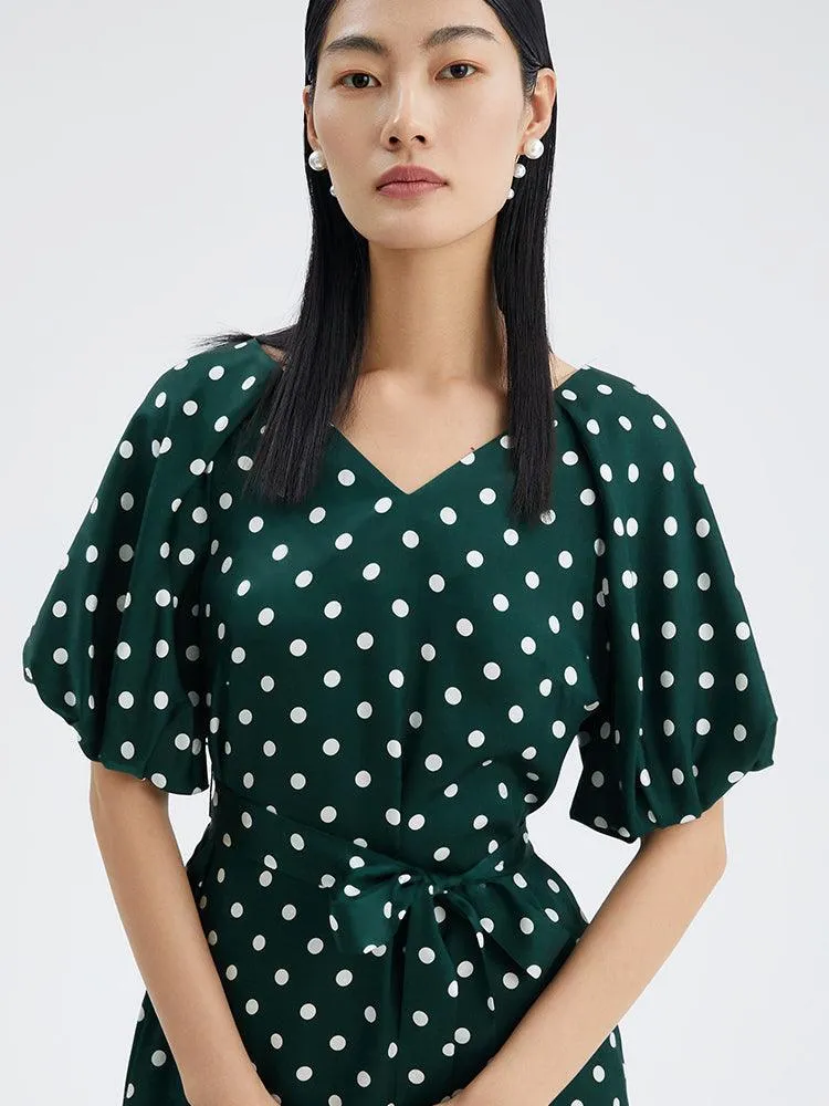 19 Momme Pure Silk Polka Dots Mid-Calf Dress