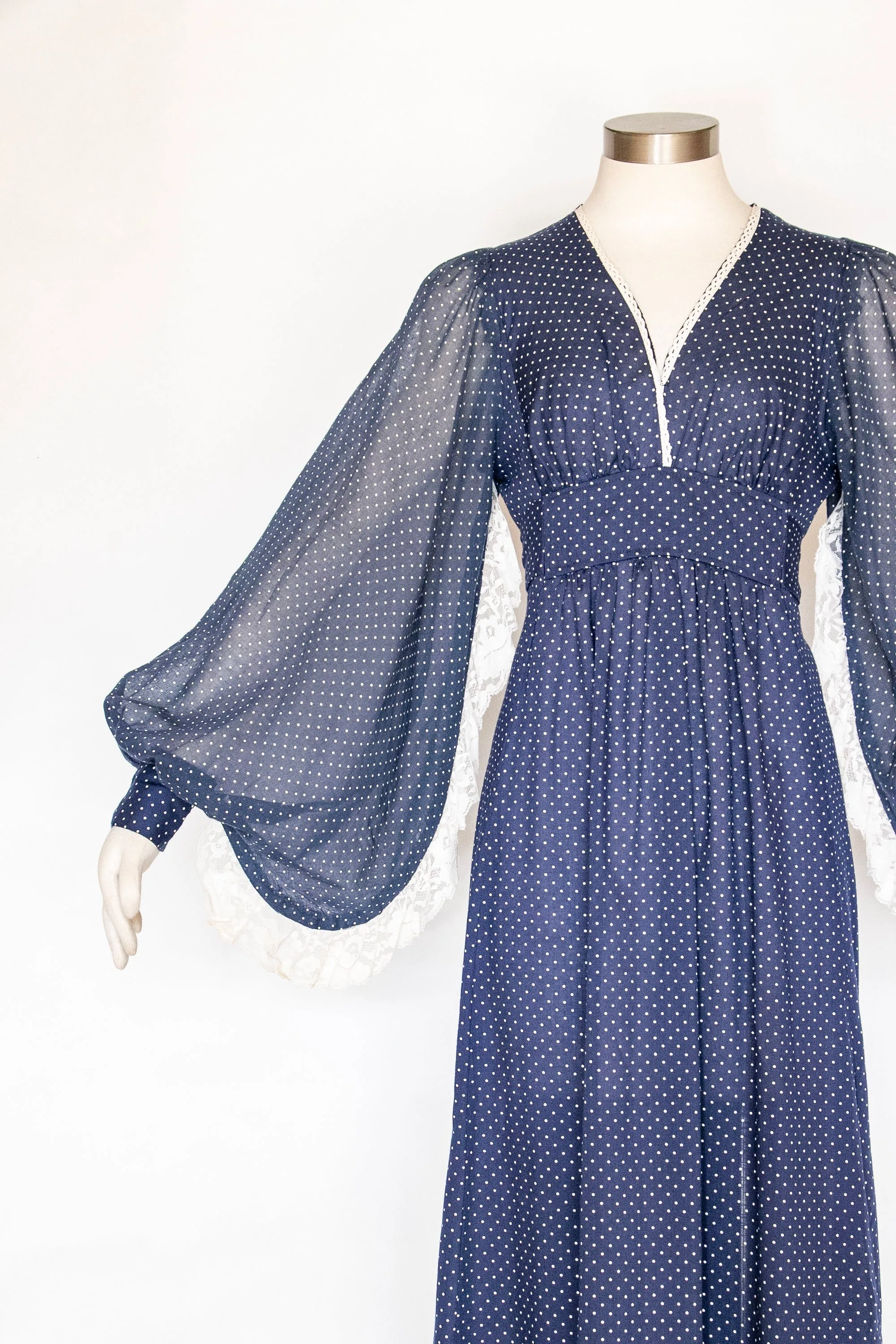 1970s Dress Polka Dot Poet Sleeve Maxi Gown M/L