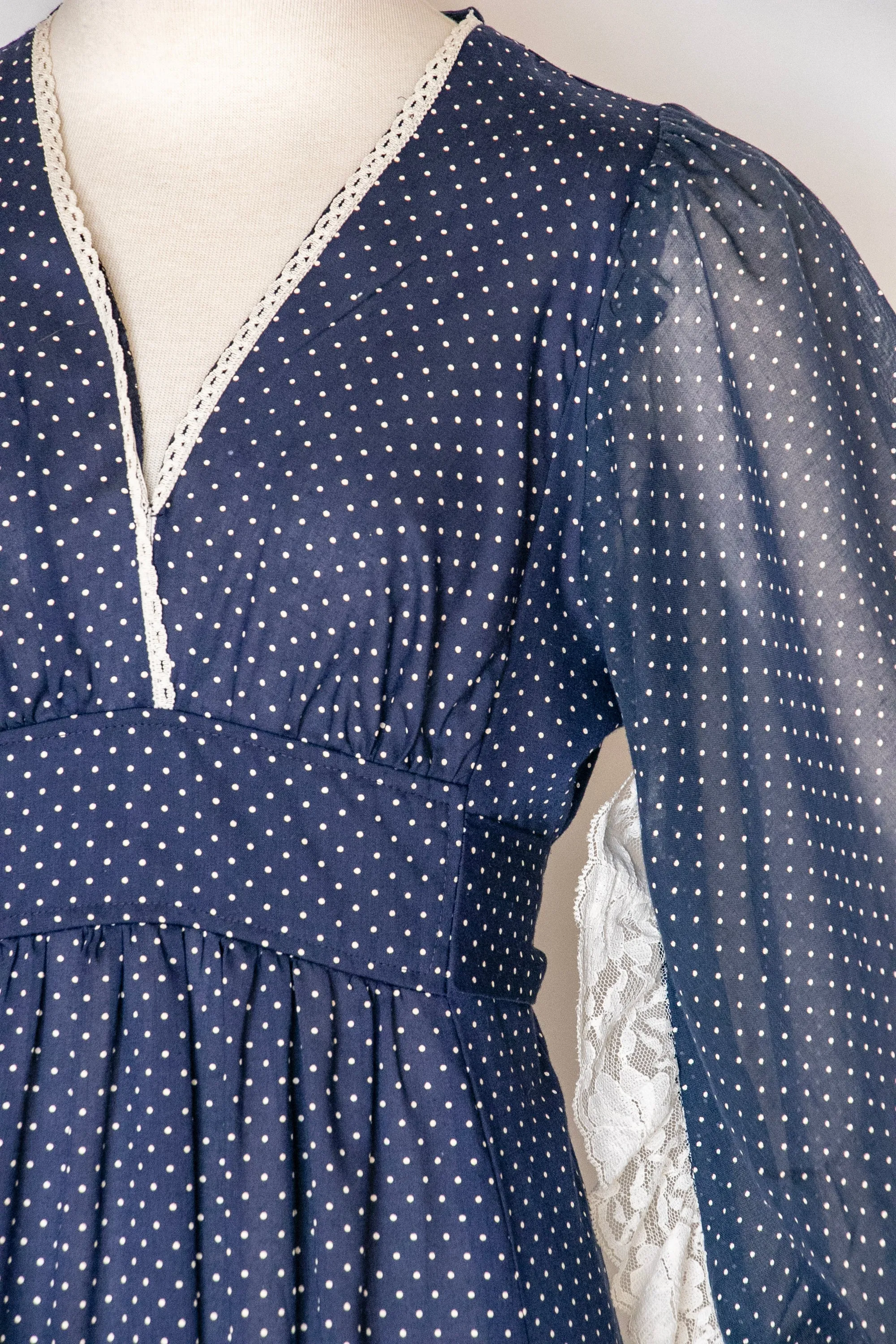 1970s Dress Polka Dot Poet Sleeve Maxi Gown M/L
