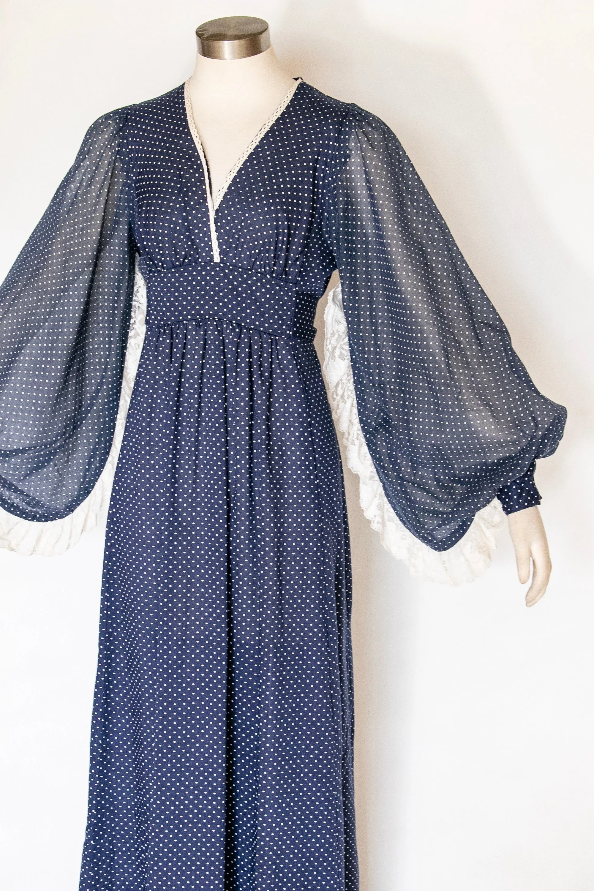 1970s Dress Polka Dot Poet Sleeve Maxi Gown M/L
