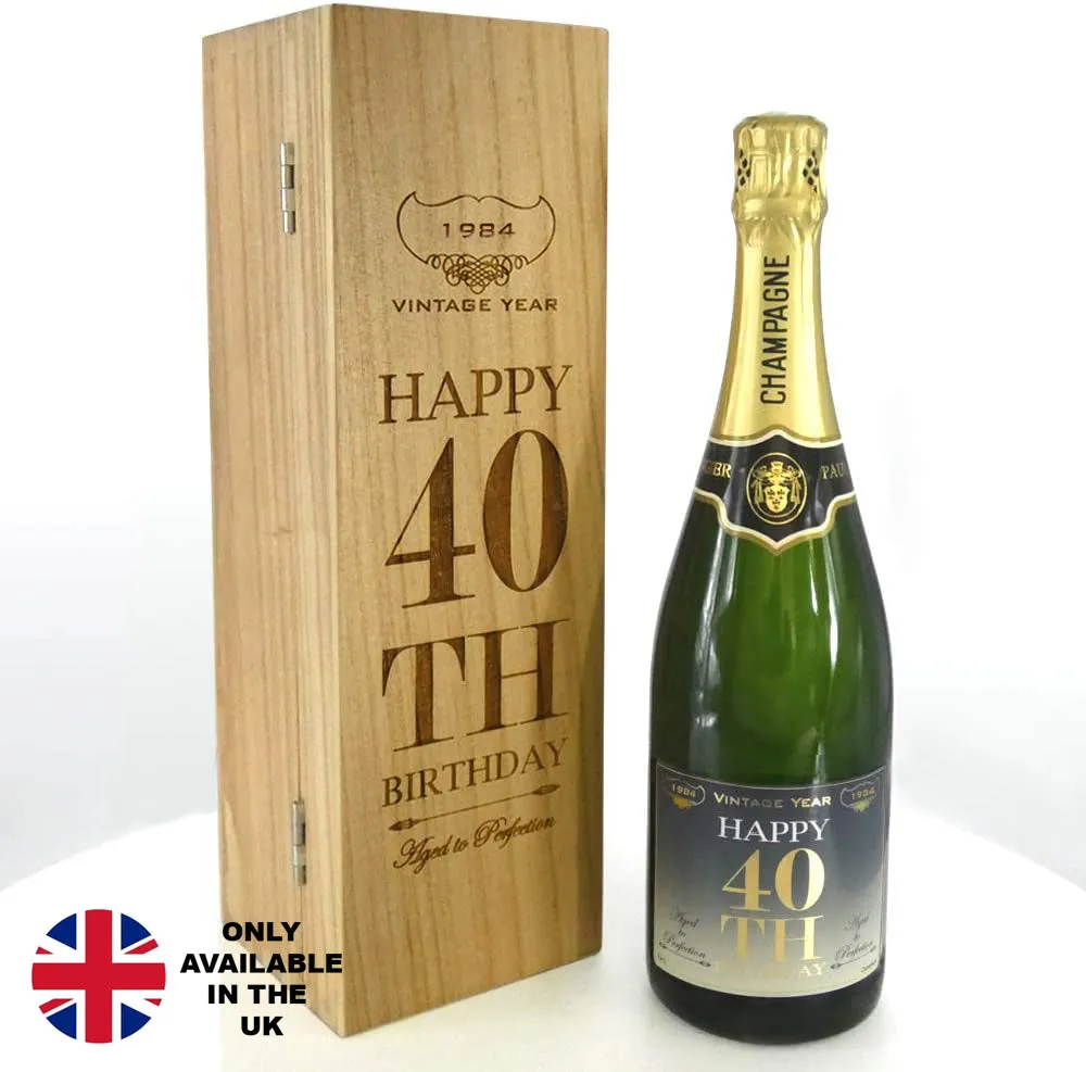 40th Birthday Gift For Him or Her Personalised 75cl Bottle of Champagne Presented in an Engraved Wooden Box 1984