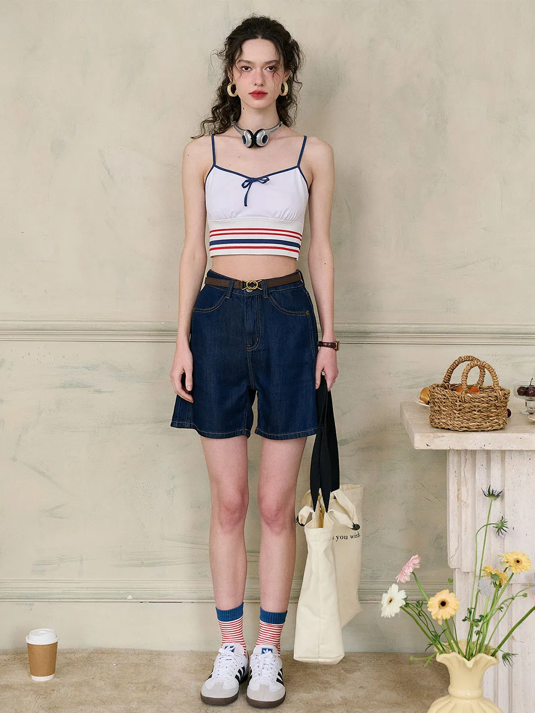 (Add-on Item) Jessica Small V-neck Contrast Bow Striped Cotton Camisole Top