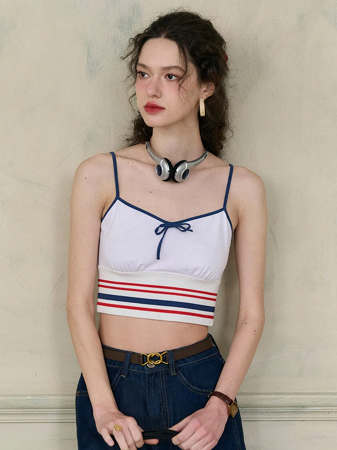 (Add-on Item) Jessica Small V-neck Contrast Bow Striped Cotton Camisole Top