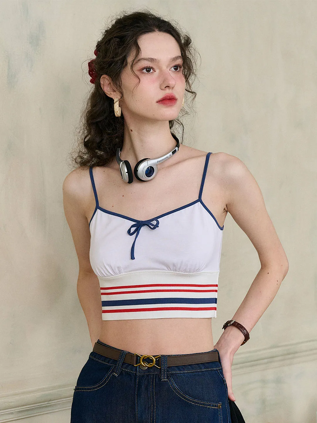 (Add-on Item) Jessica Small V-neck Contrast Bow Striped Cotton Camisole Top