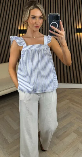 Amelie White With Blue Stripes Ruffle Shoulder Top
