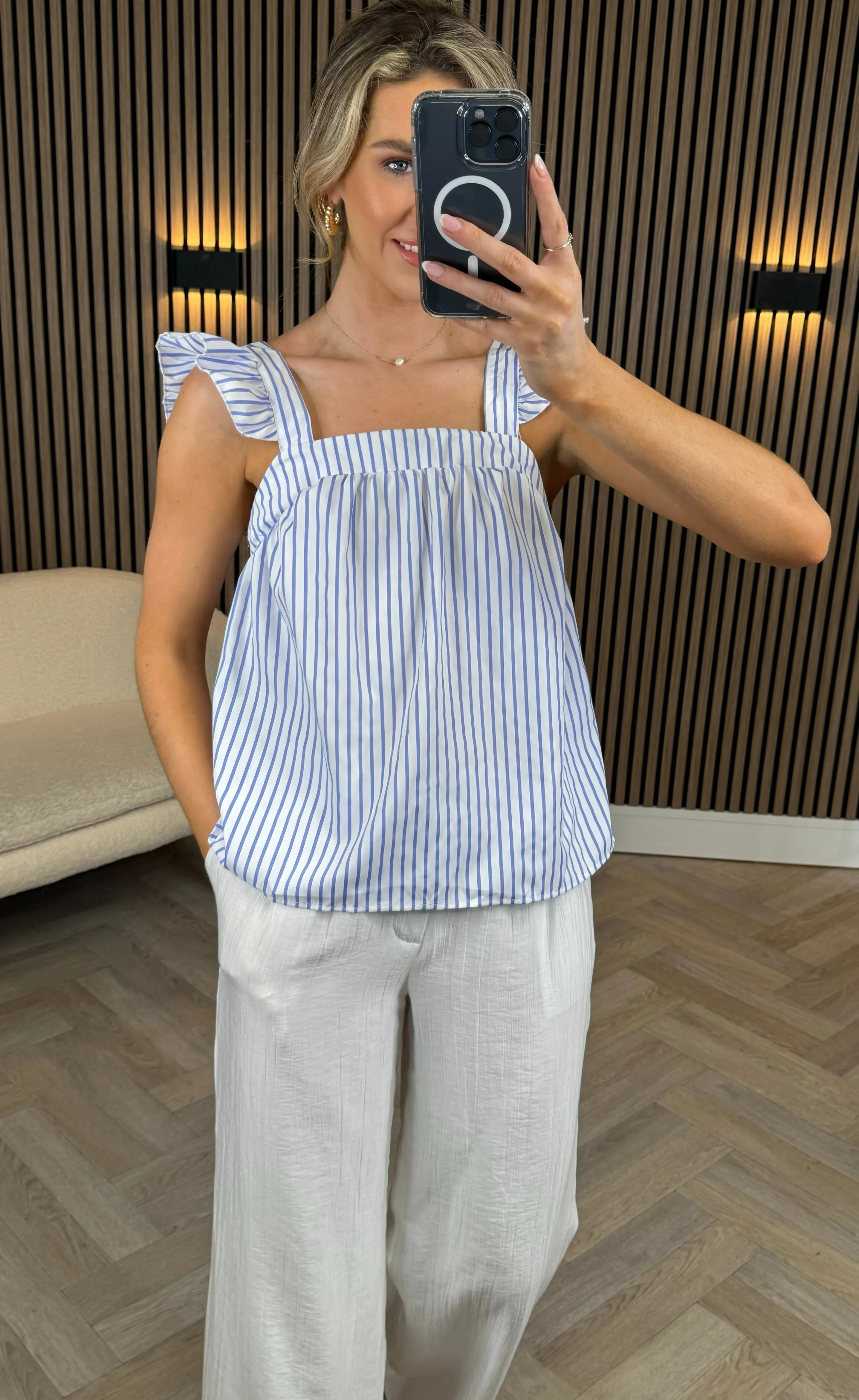 Amelie White With Blue Stripes Ruffle Shoulder Top