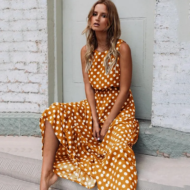 BerriesJam - 2024 Sleeveless Yellow Polka Dot A Line Maxi Dress