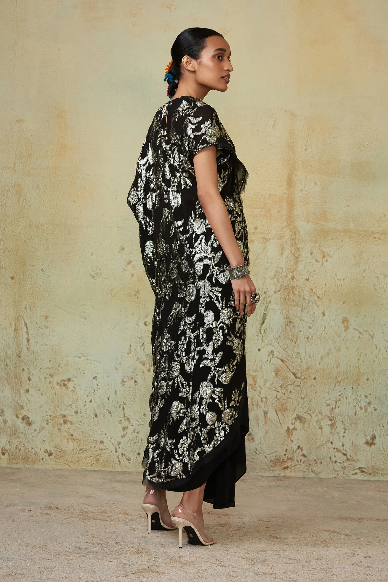 Black Embroidered Drape Skirt