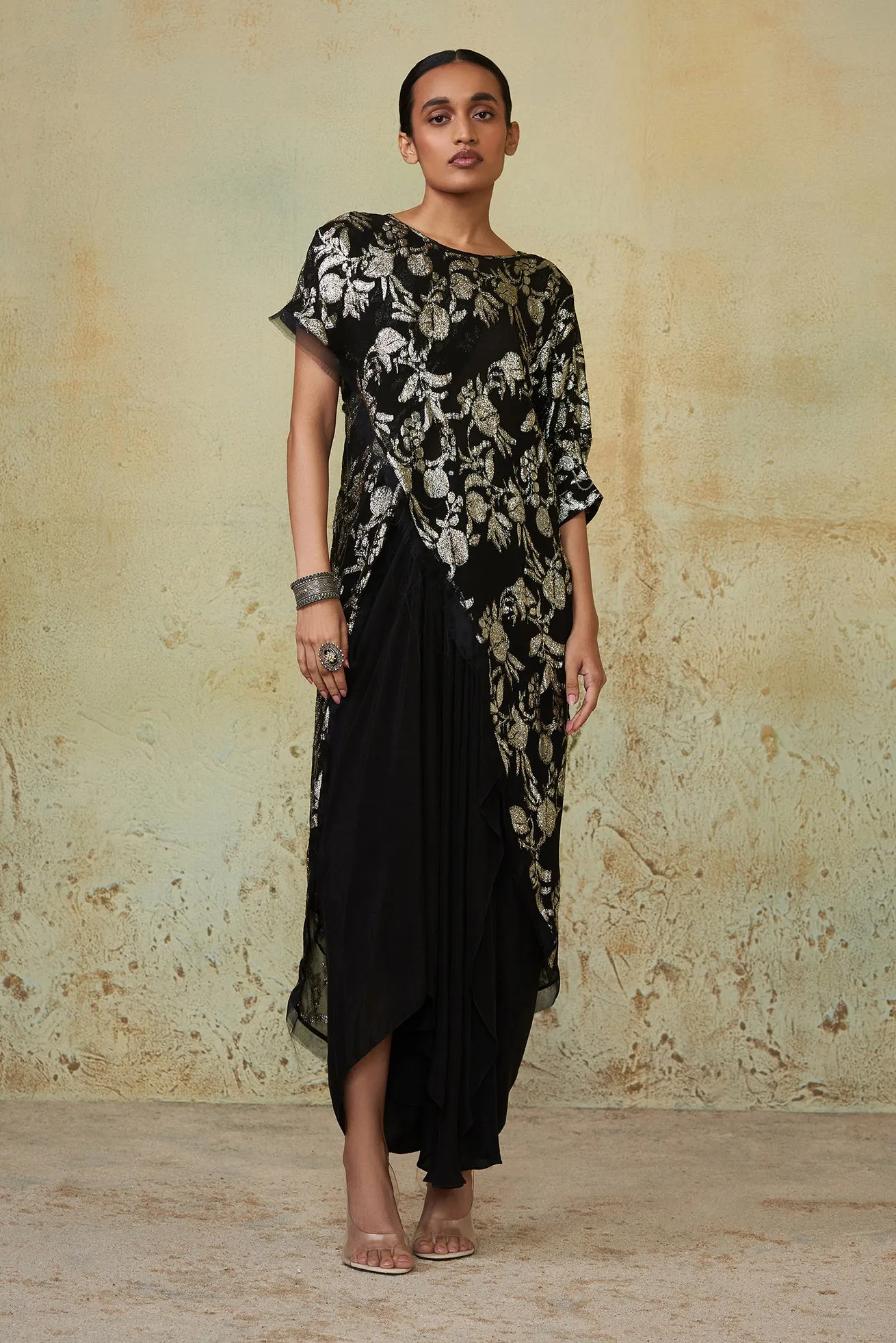 Black Embroidered Drape Skirt