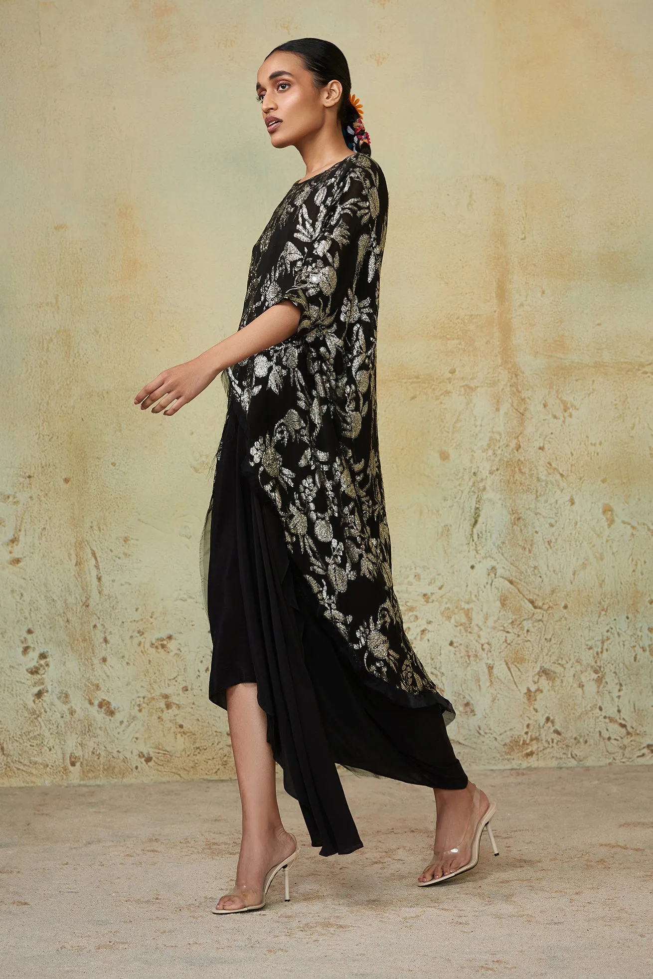 Black Embroidered Drape Skirt