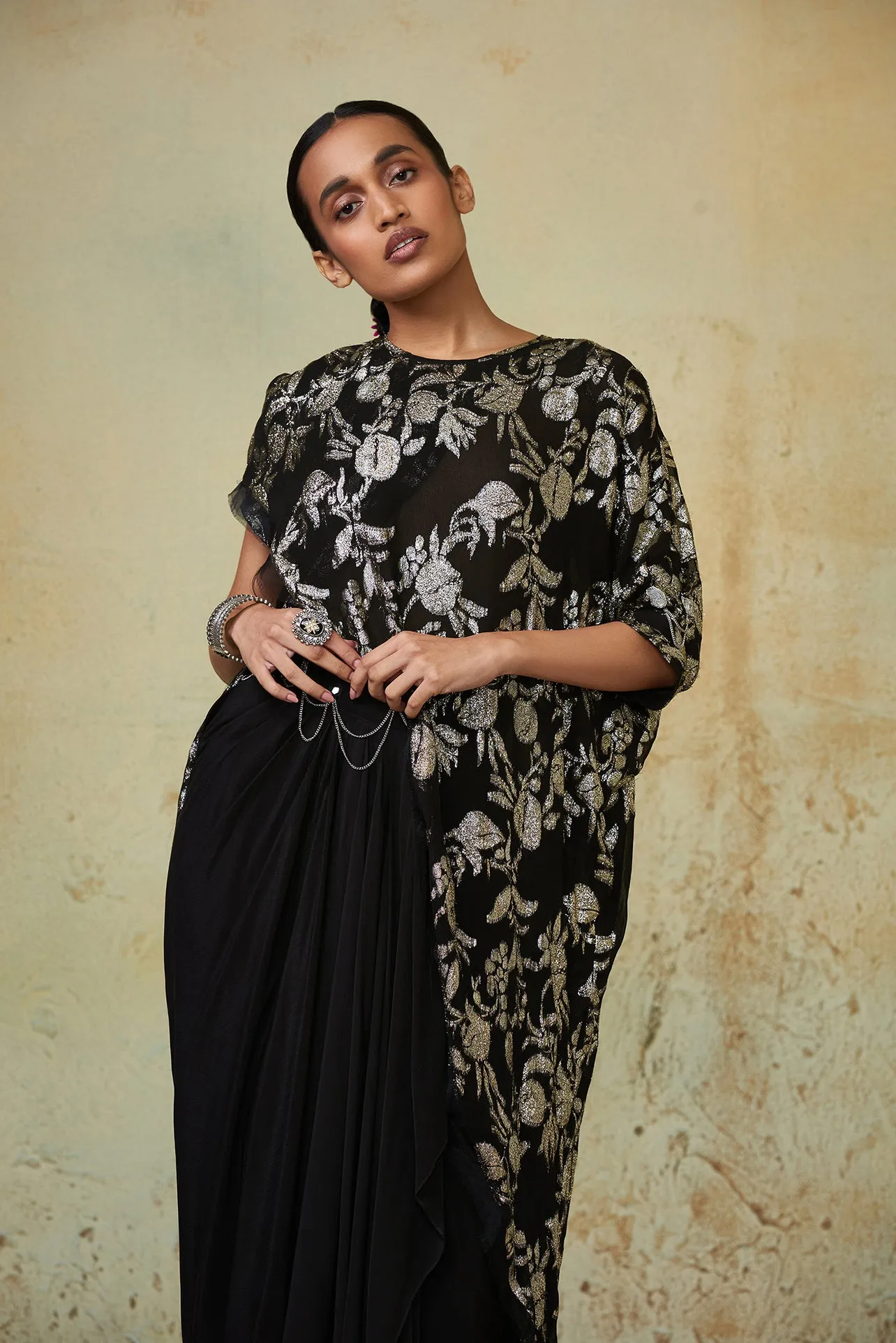 Black Embroidered Drape Skirt