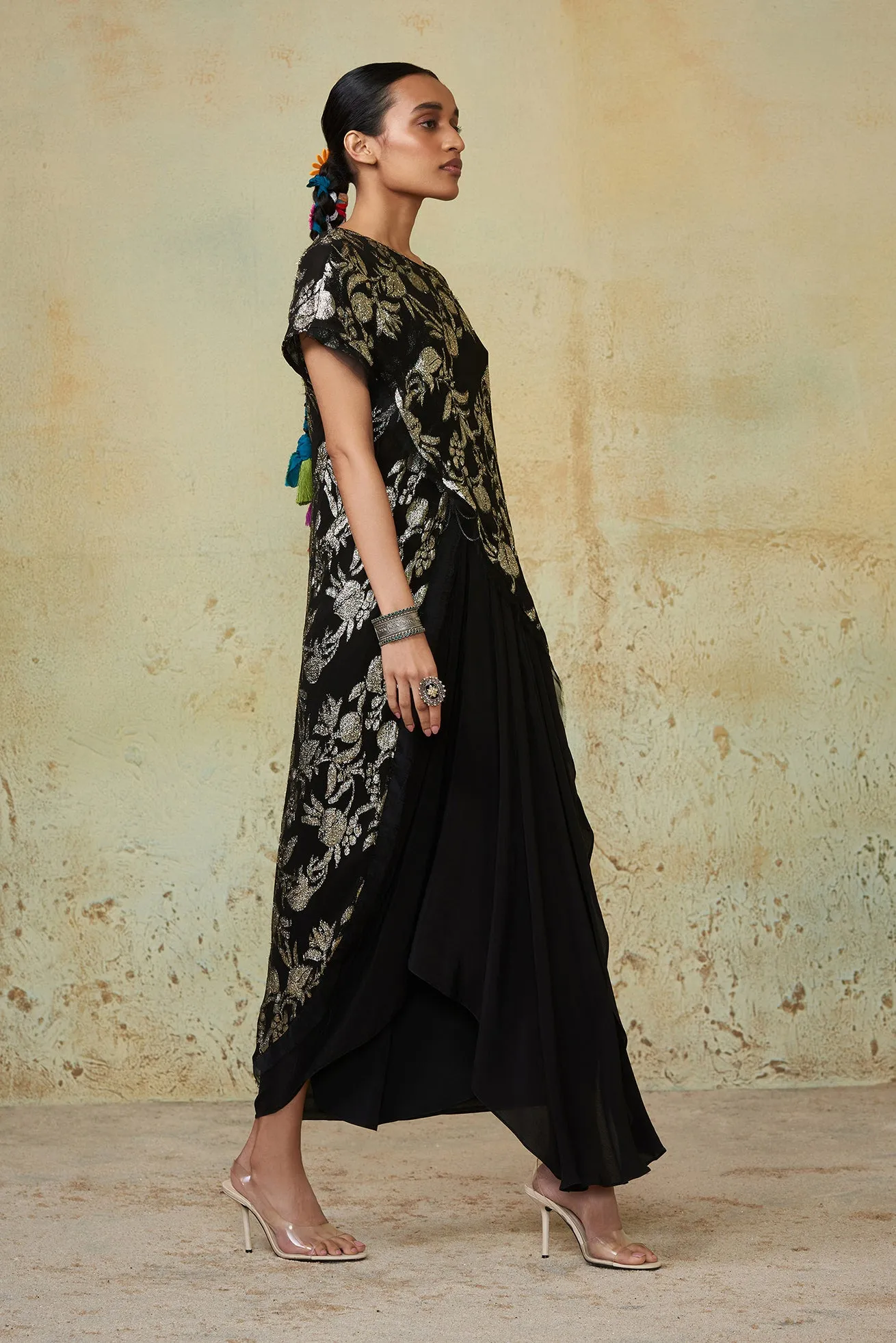 Black Embroidered Drape Skirt