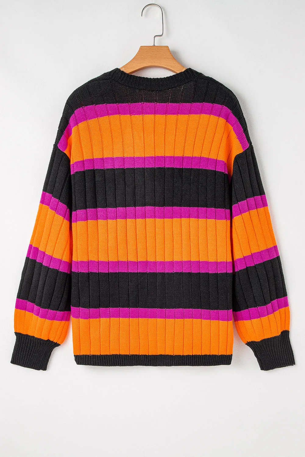 Black Striped Colorblock Drop Shoulder Slouchy Cardigan