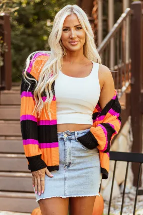 Black Striped Colorblock Drop Shoulder Slouchy Cardigan