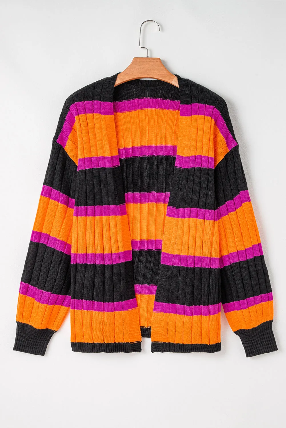 Black Striped Colorblock Drop Shoulder Slouchy Cardigan