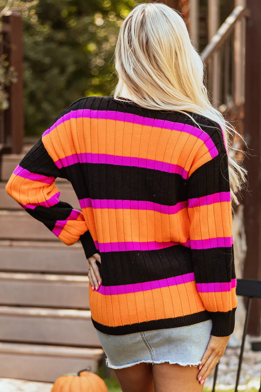 Black Striped Colorblock Drop Shoulder Slouchy Cardigan