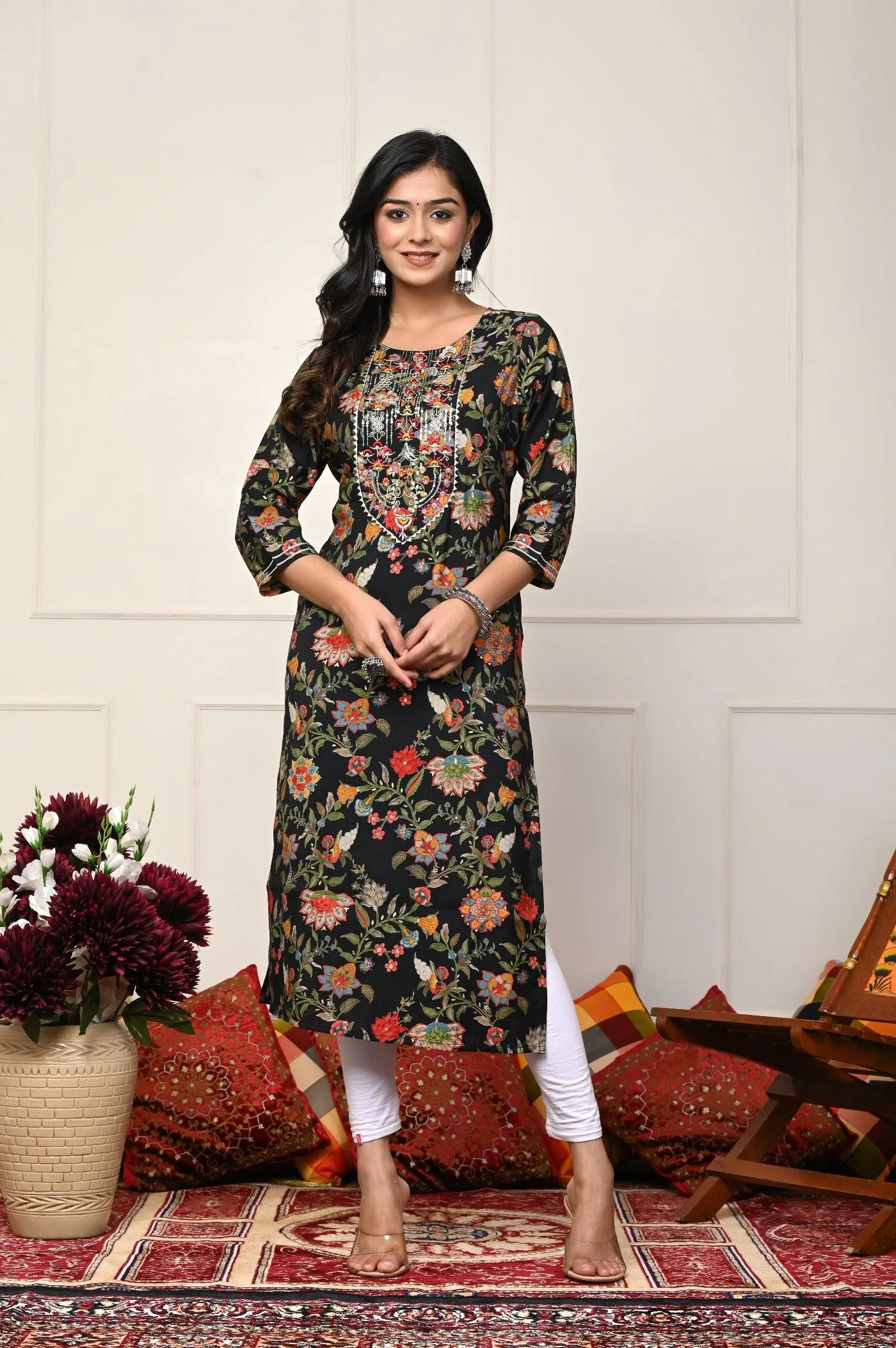 Black with Multi-Color Flower Print Kurtis
