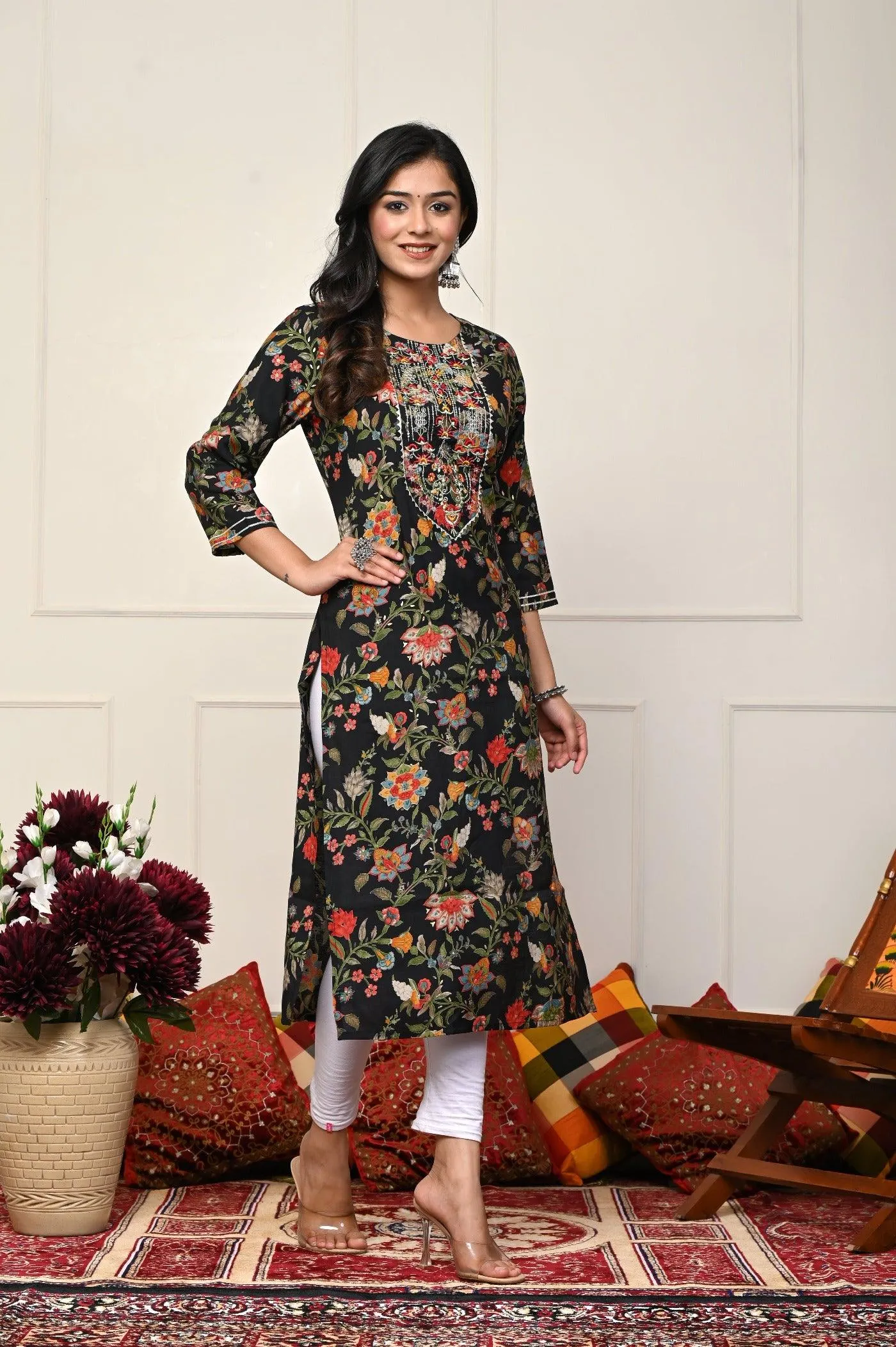 Black with Multi-Color Flower Print Kurtis