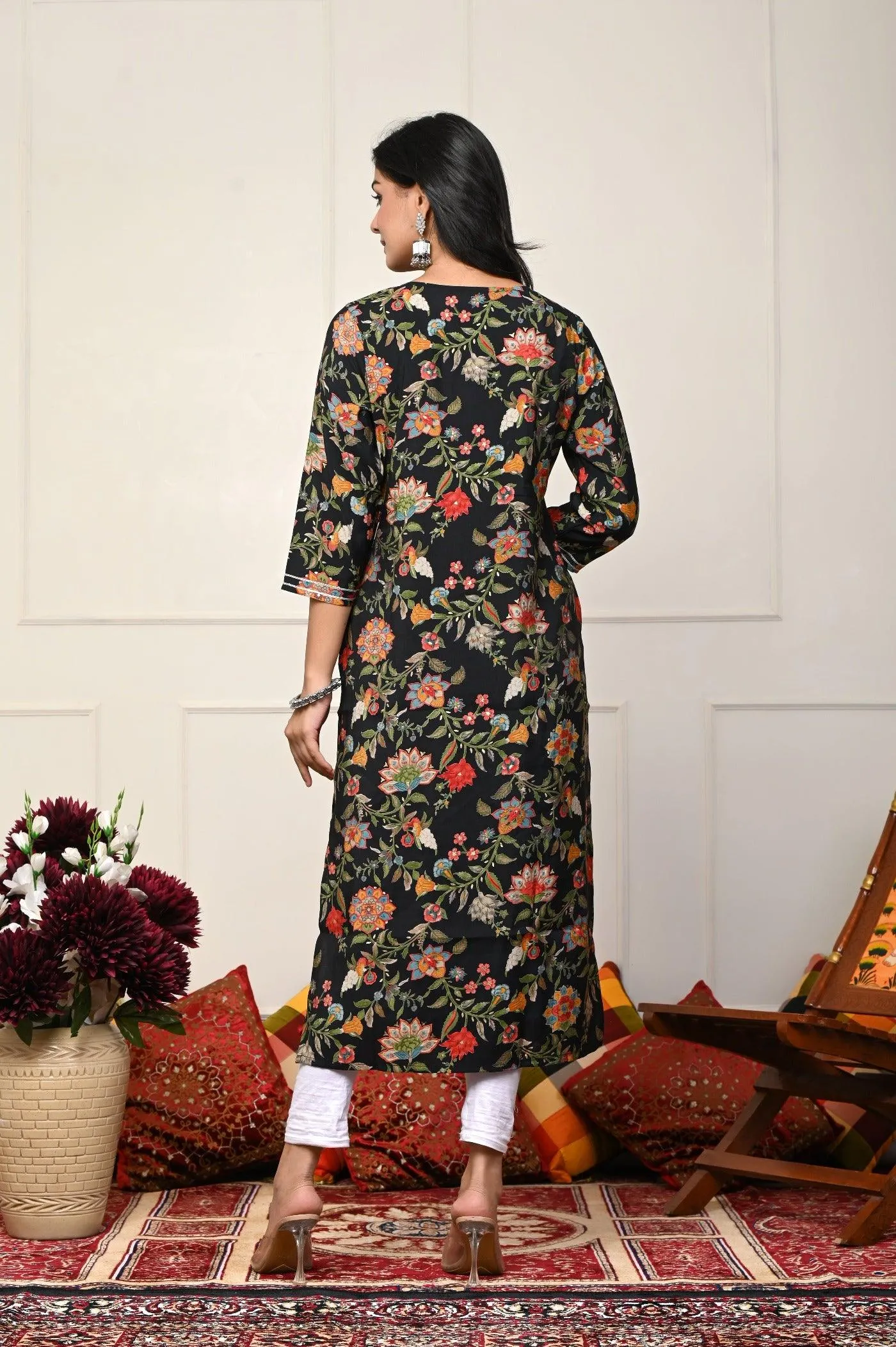 Black with Multi-Color Flower Print Kurtis
