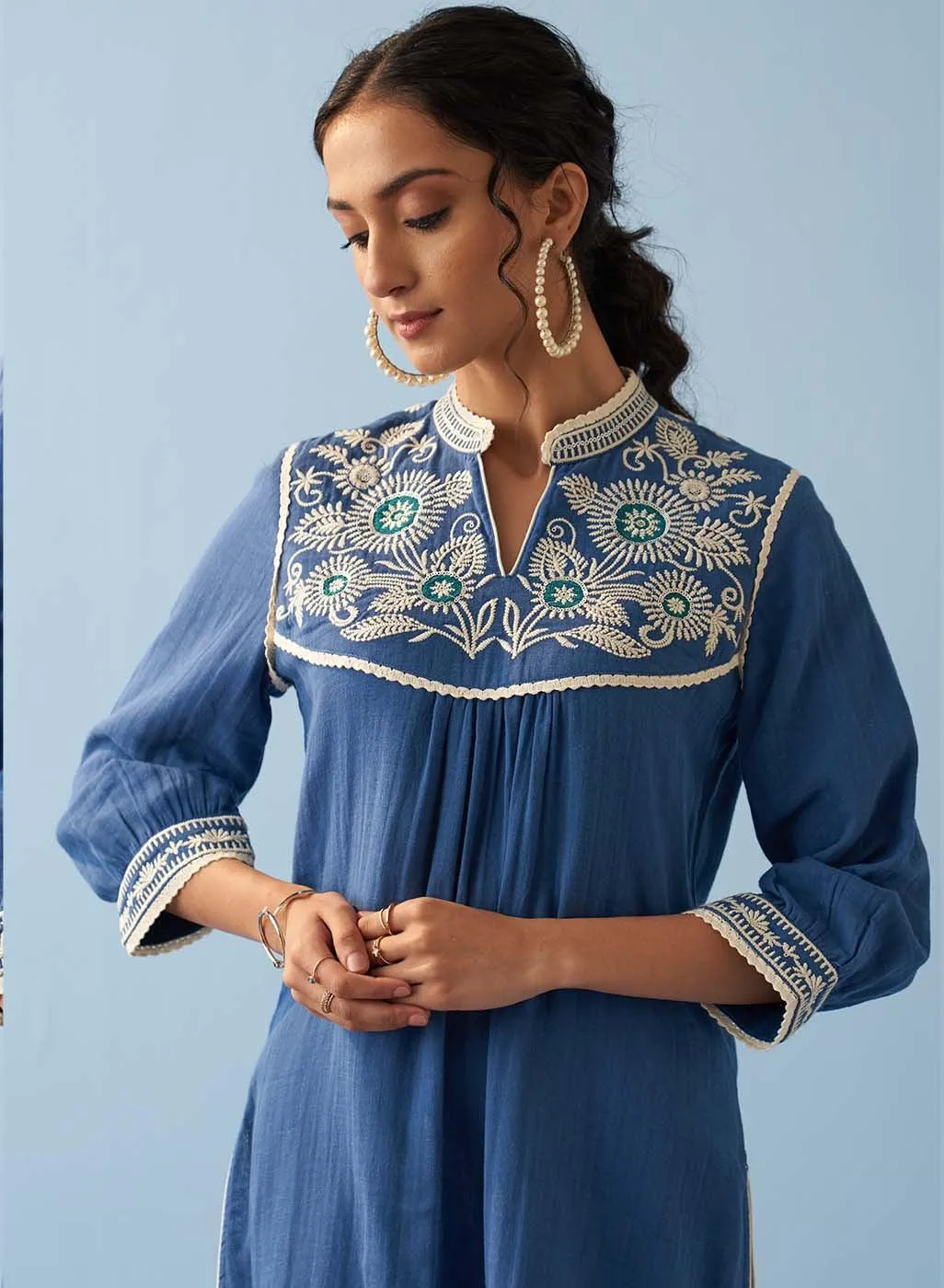 Blue Embroidered Thigh Length Crinkled Kurti