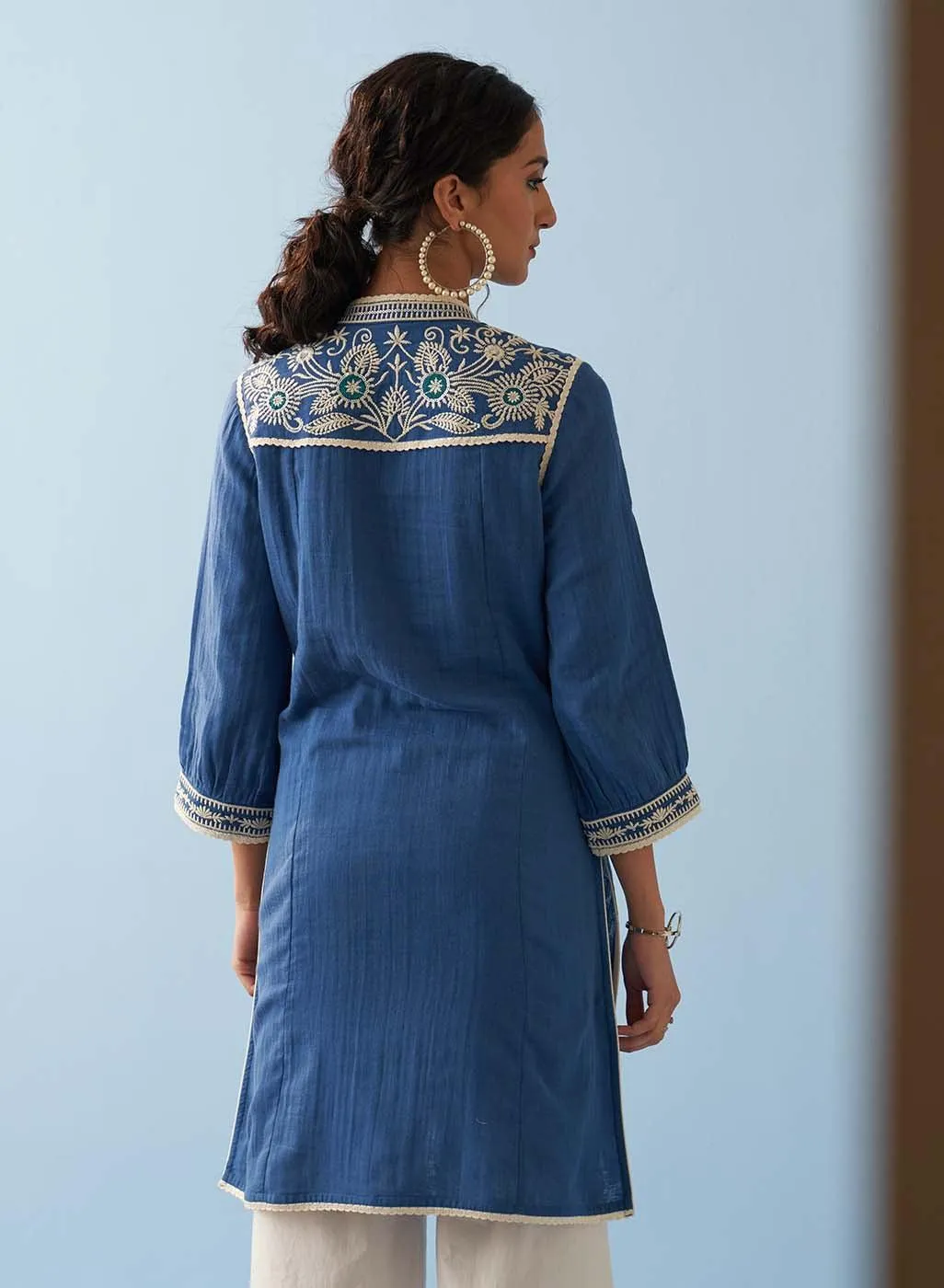 Blue Embroidered Thigh Length Crinkled Kurti