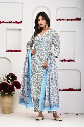 Blue Flower Print V-Neck Dupatta Kurtis Set
