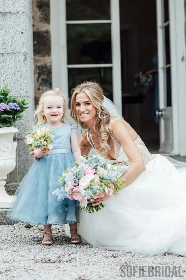 Blue Lace Top Tulle Flower Girl Dresses, Popular Cheap Junior Bridesmaid Dresses, FG045