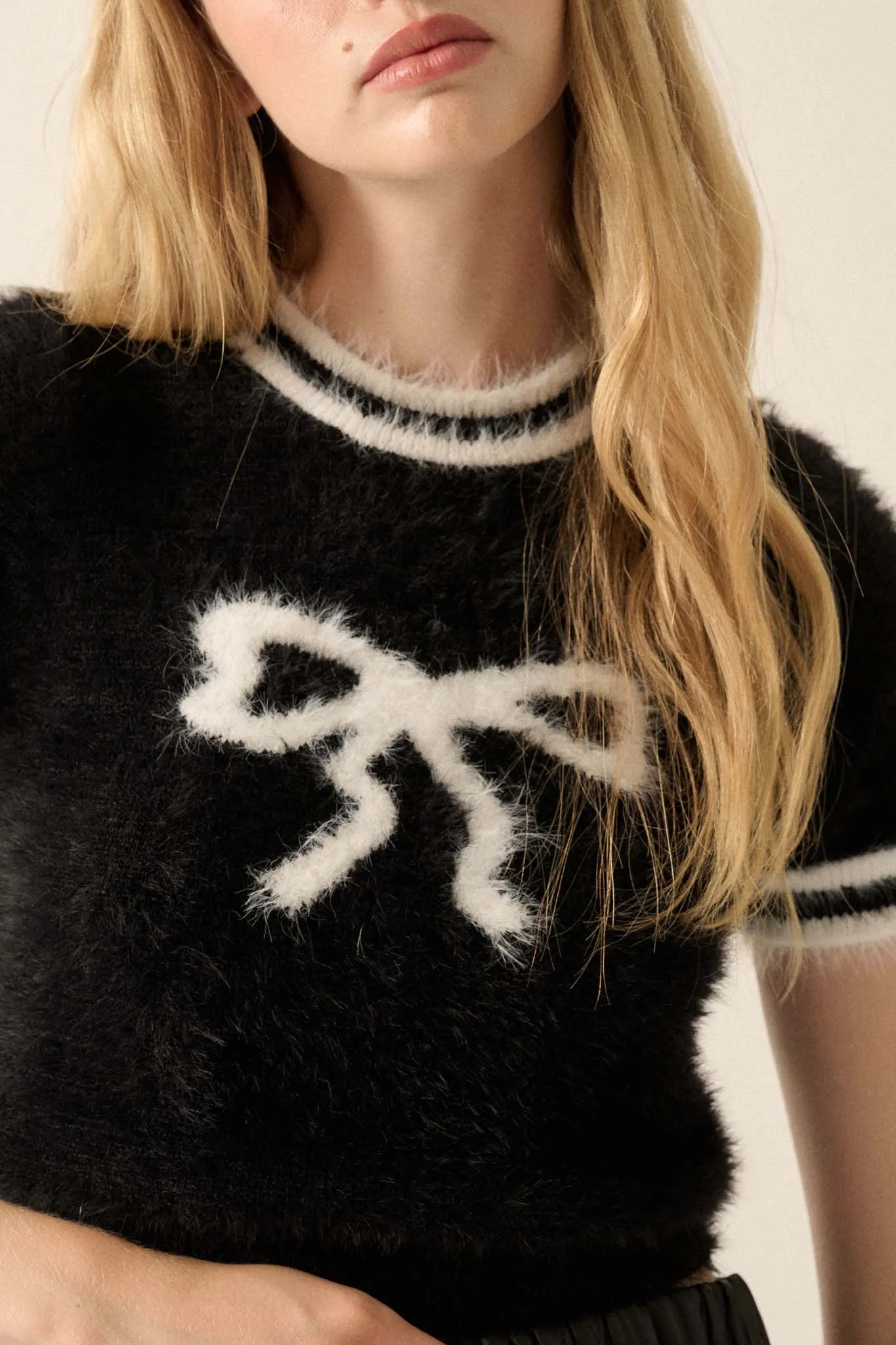 Bow Me Away Fuzzy Knit Short-Sleeve Sweater