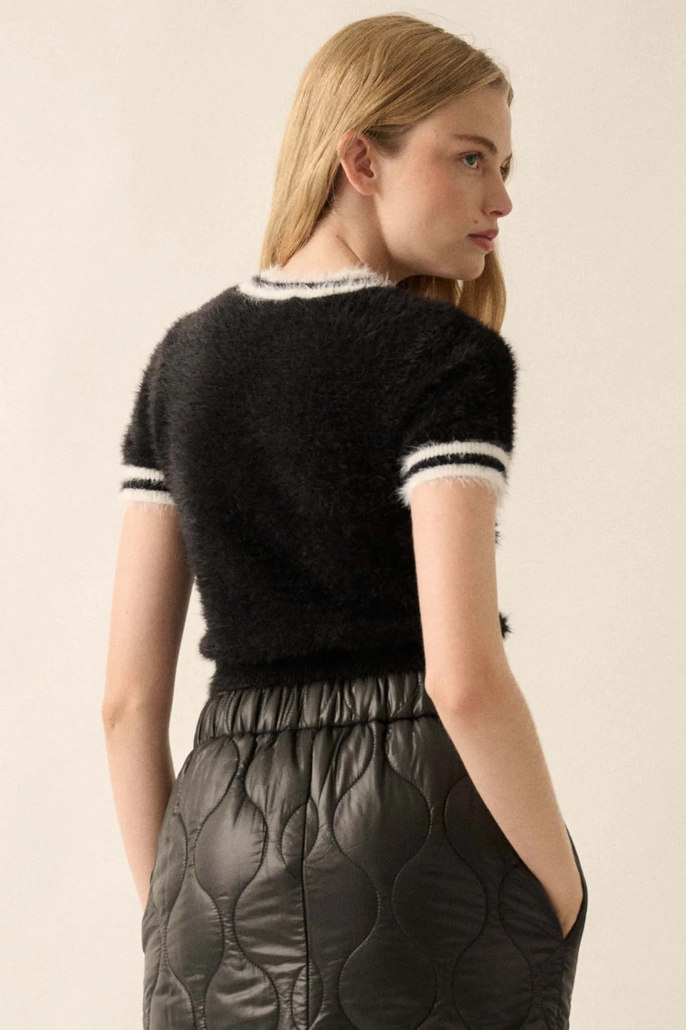 Bow Me Away Fuzzy Knit Short-Sleeve Sweater