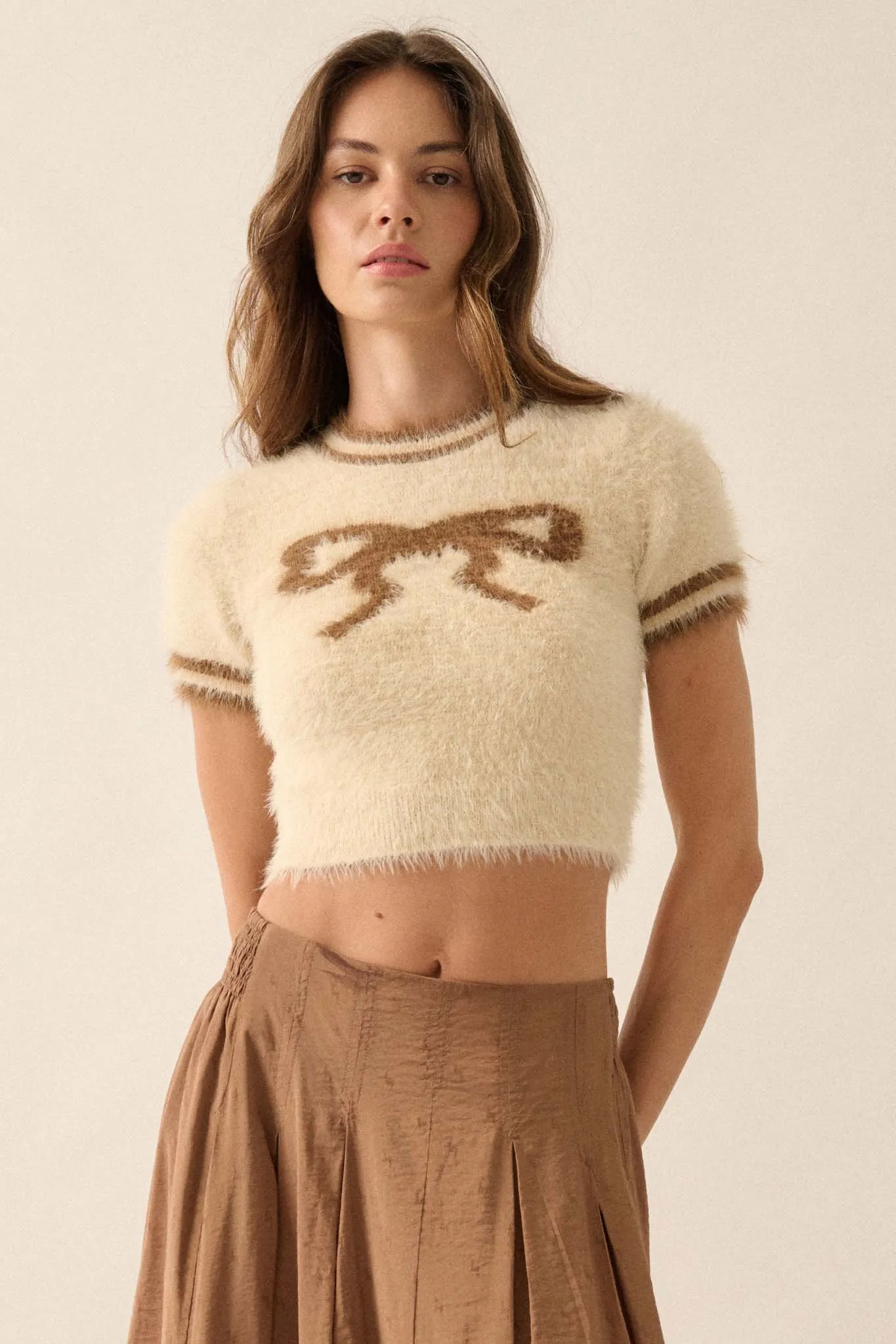 Bow Me Away Fuzzy Knit Short-Sleeve Sweater