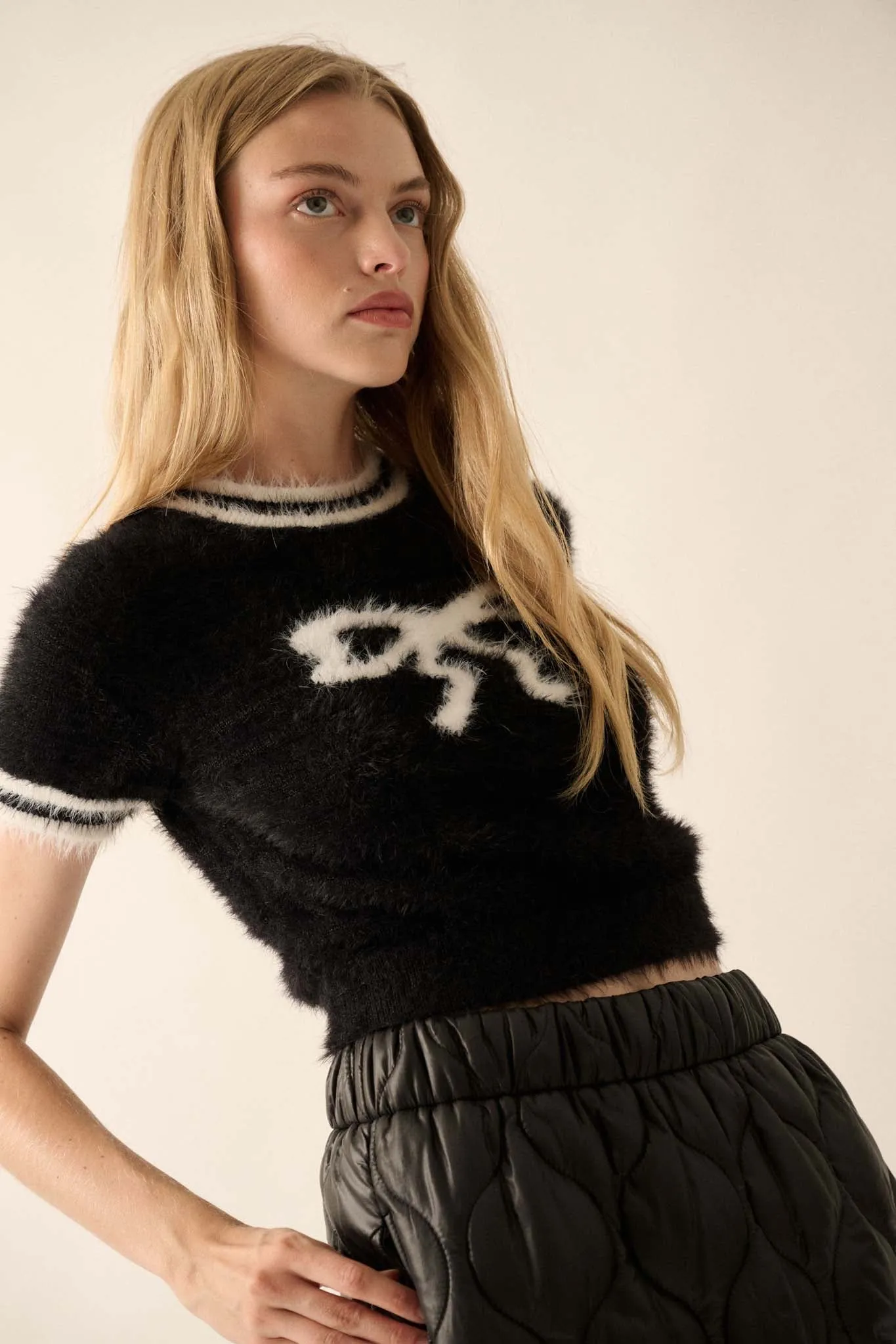 Bow Me Away Fuzzy Knit Short-Sleeve Sweater