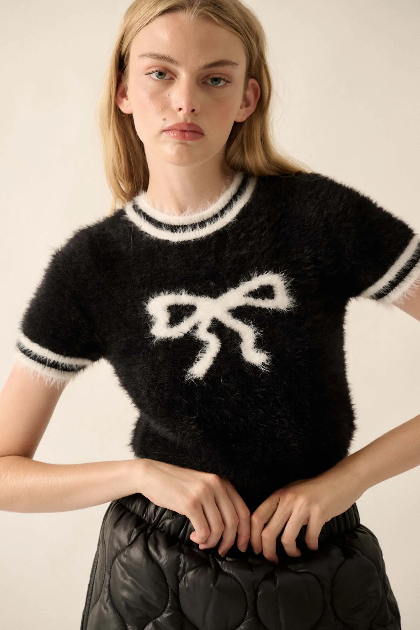 Bow Me Away Fuzzy Knit Short-Sleeve Sweater