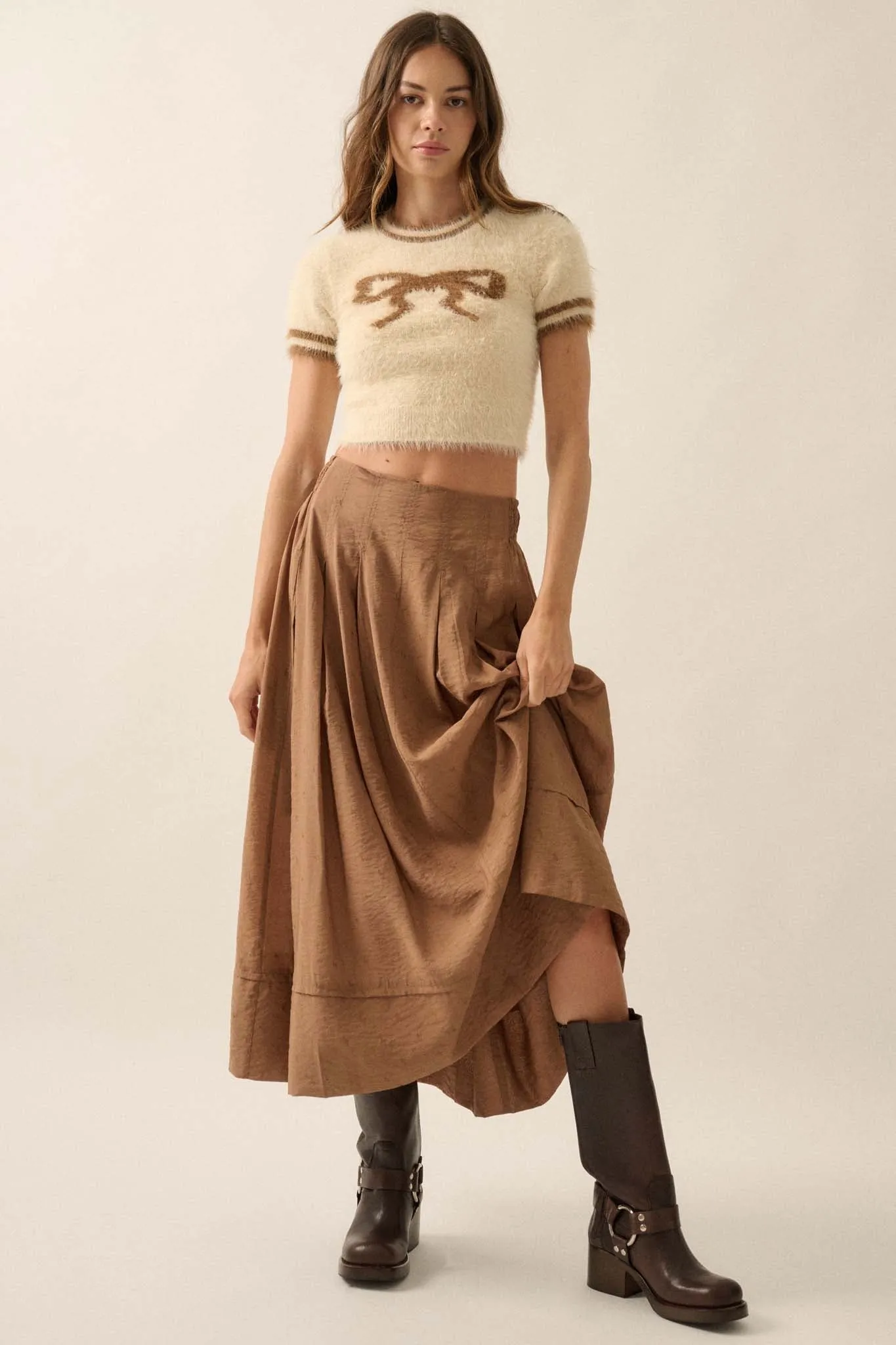 Bow Me Away Fuzzy Knit Short-Sleeve Sweater
