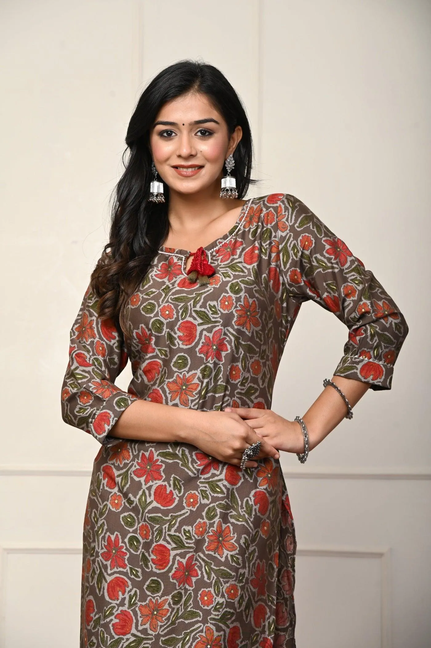 Brown with Red Flower Printed Kurtis