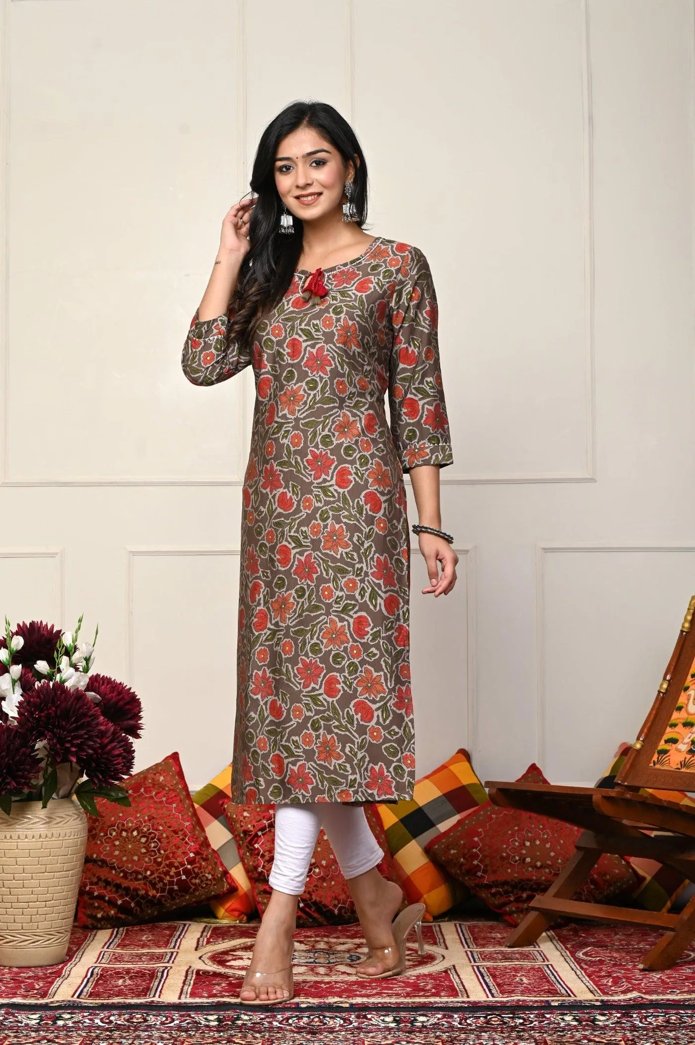 Brown with Red Flower Printed Kurtis