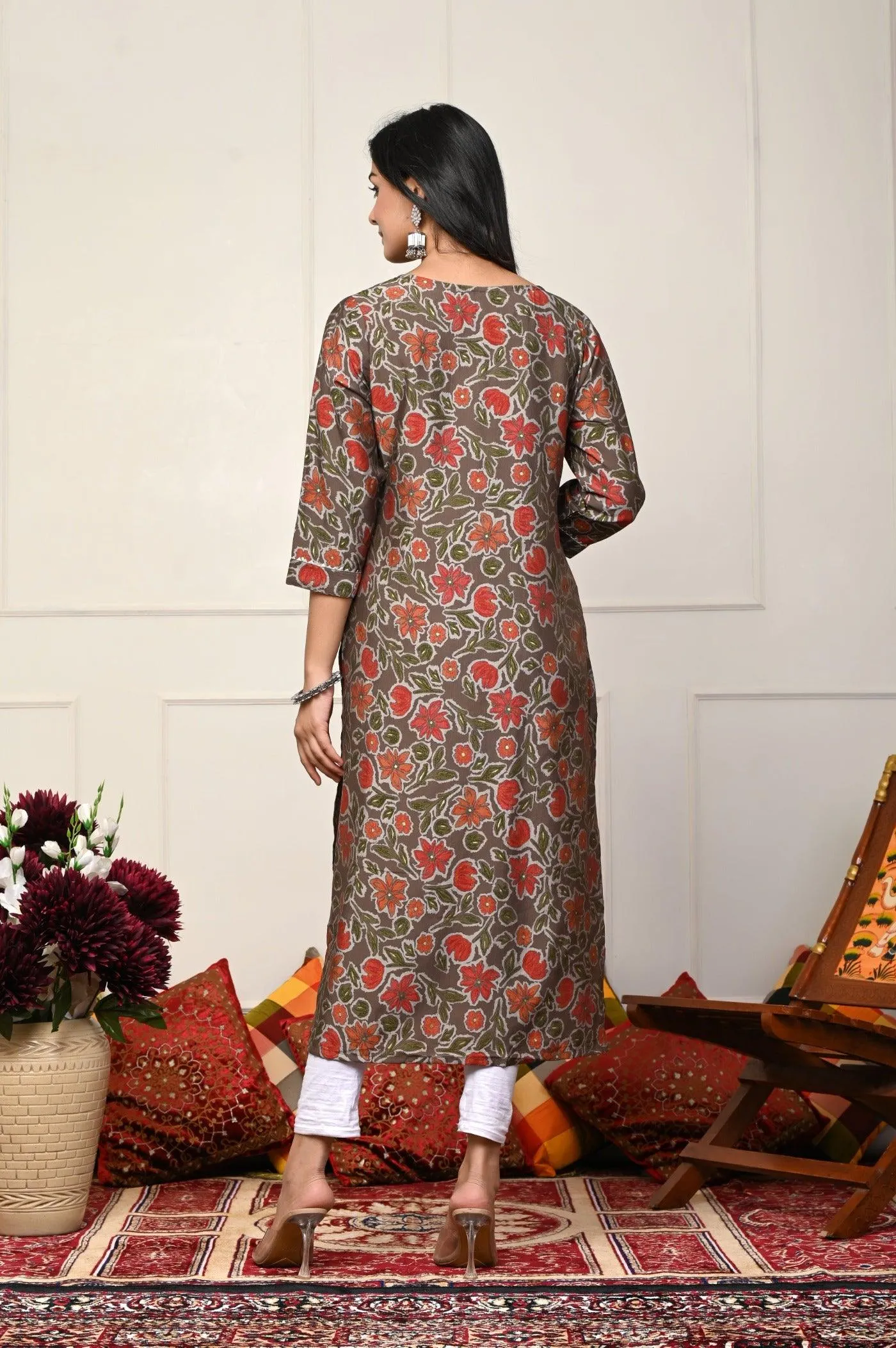 Brown with Red Flower Printed Kurtis