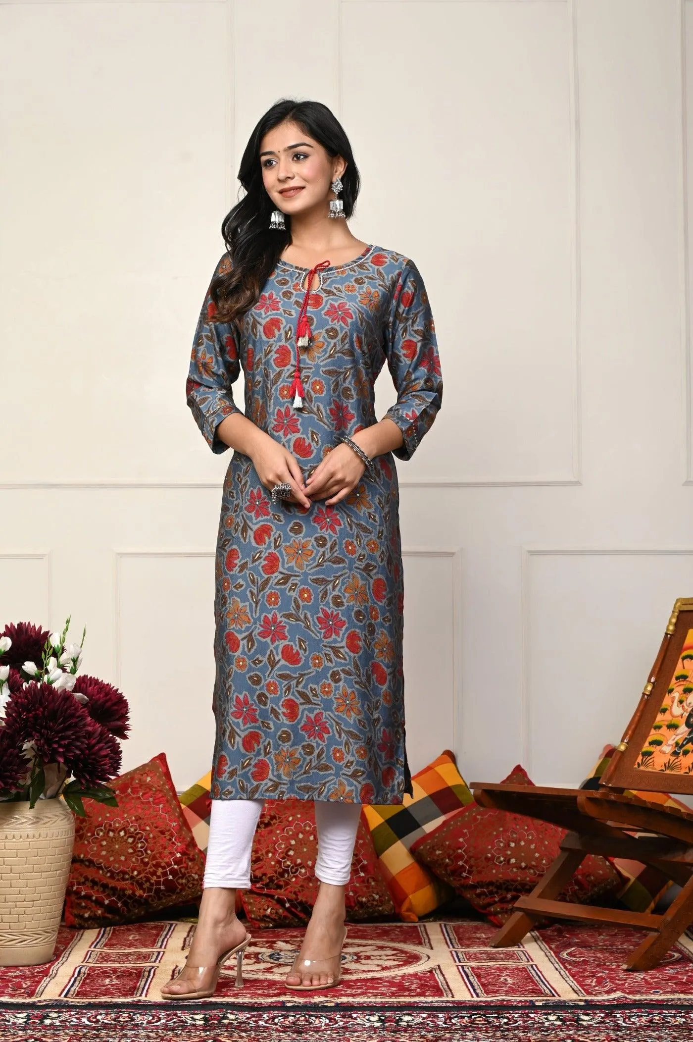 Brown with Red Flower Printed Kurtis