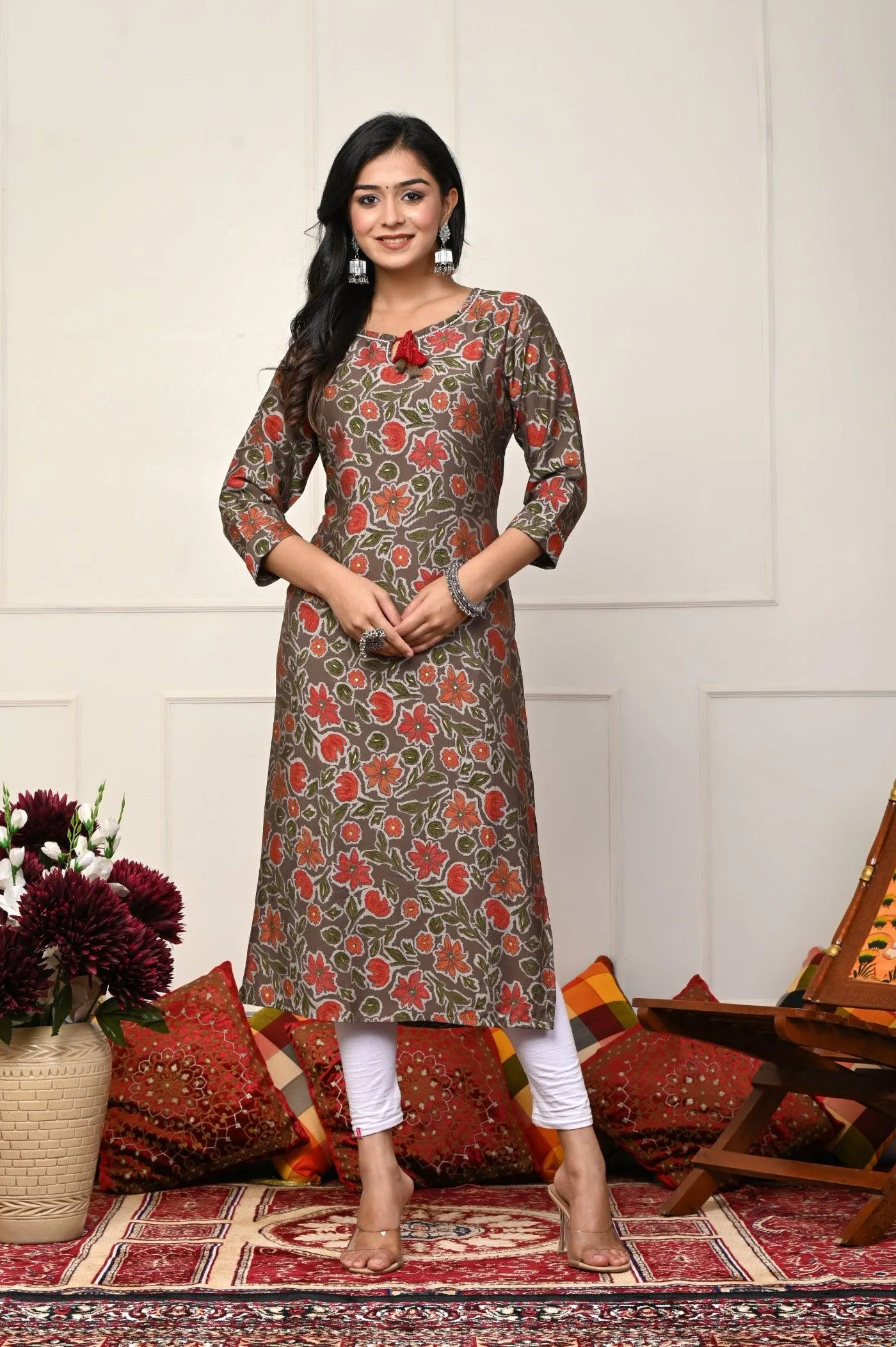 Brown with Red Flower Printed Kurtis