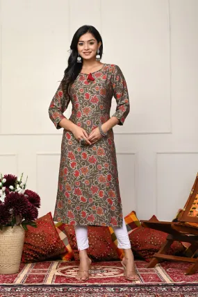 Brown with Red Flower Printed Kurtis