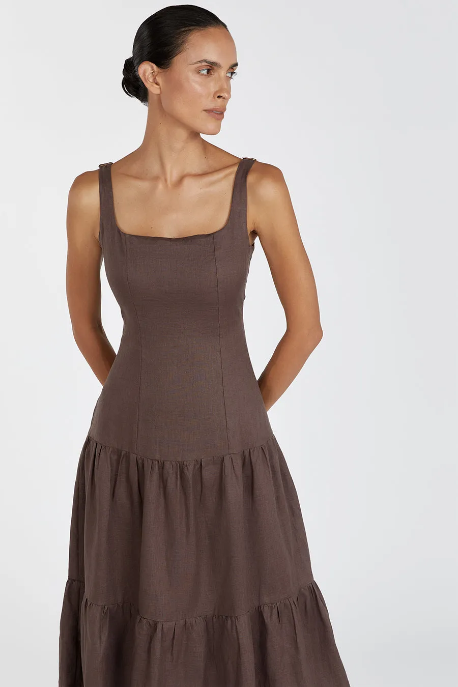 CAMILLE CHOCOLATE LINEN MAXI DRESS