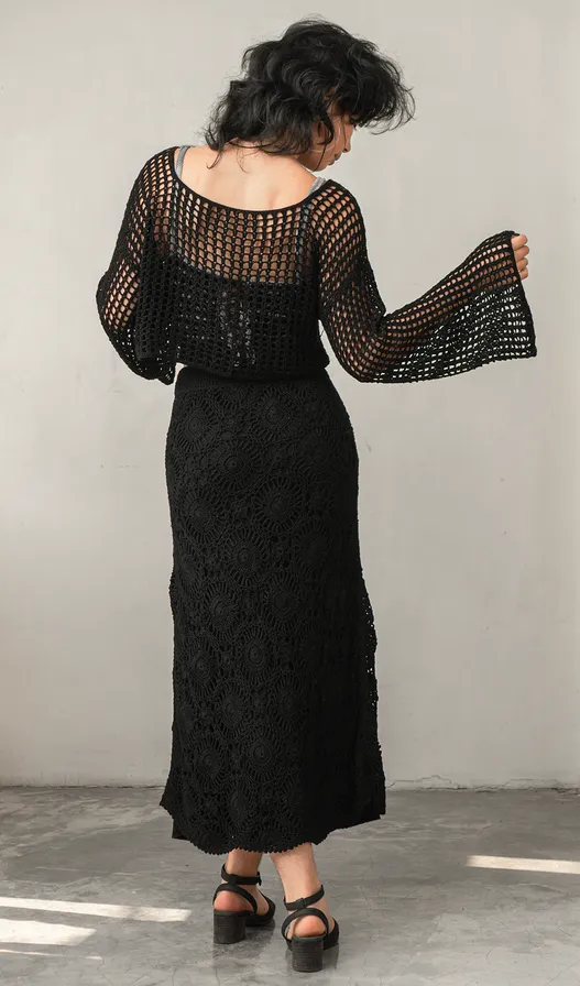 Crochet Cropped Sweater Rayon Black, 1 size