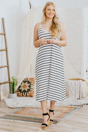 Dancing The Night Away Spaghetti Strap Striped Printed Dress in White