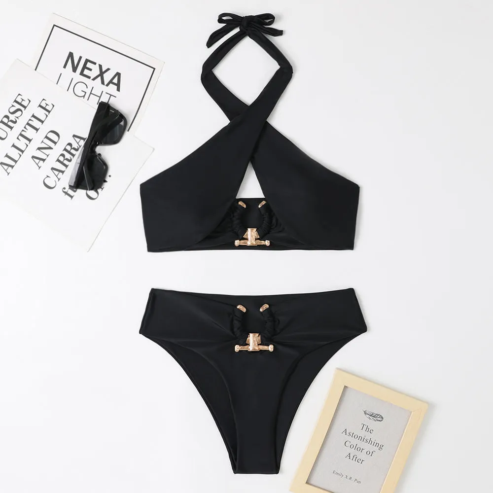 Fashion Split High Waist Briefs Cross-halterneck Swimsuit