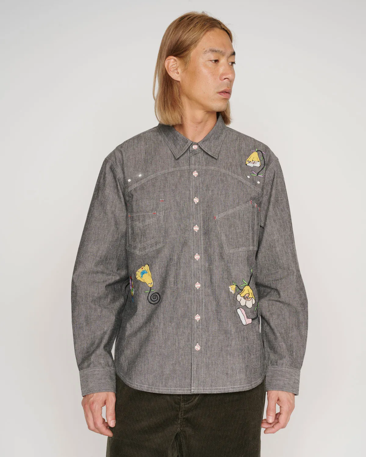 Garden Party Chambray Button Up Shirt - Gray