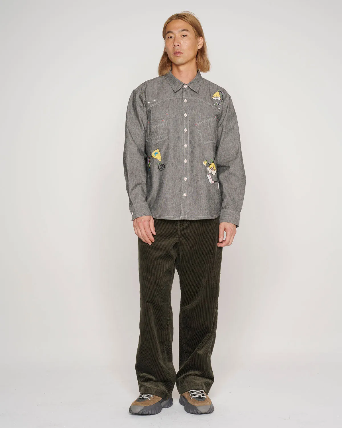Garden Party Chambray Button Up Shirt - Gray