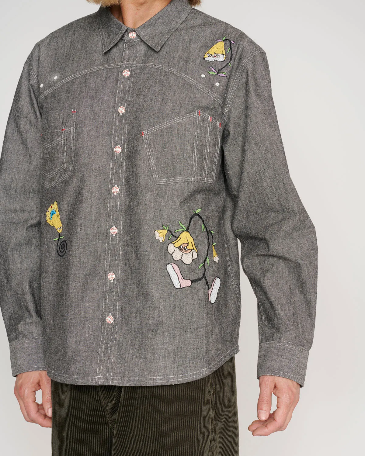 Garden Party Chambray Button Up Shirt - Gray