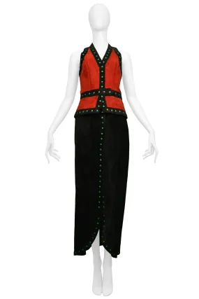 GIORGIO SANT ANGELO BLACK & RED SUEDE VEST AND SKIRT ENSEMBLE