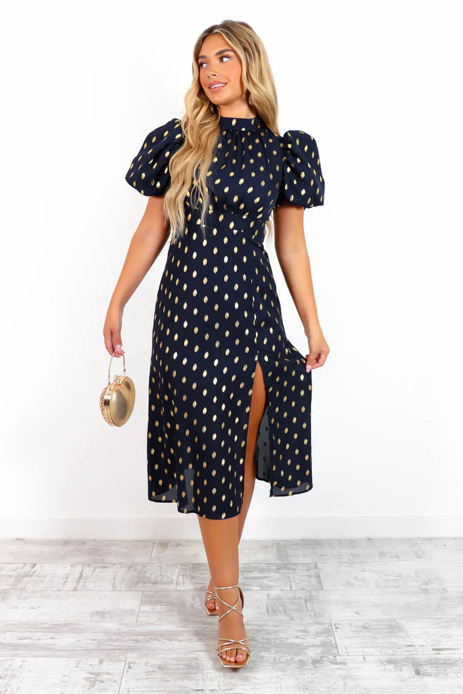 Got The Flower - Navy Gold Foil Midi Dress