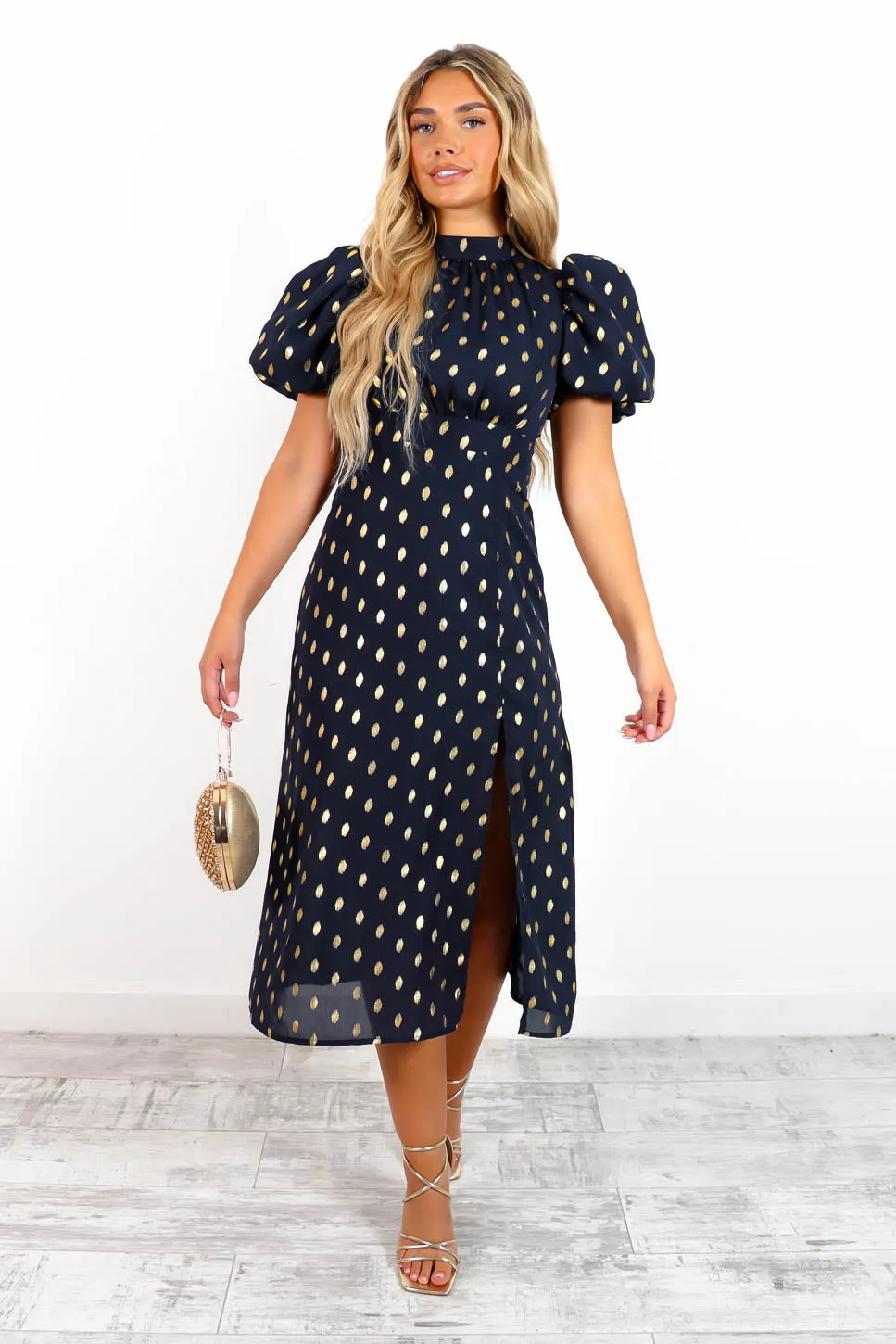 Got The Flower - Navy Gold Foil Midi Dress